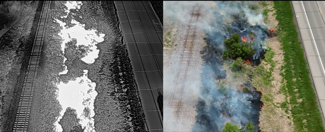 A controlled burn, as seen through a thermal camera (left) and a regular camera (right). Pre-set temperature alarms can also find hotspots that need to be extinguished after a fire line passes through. Staff photo