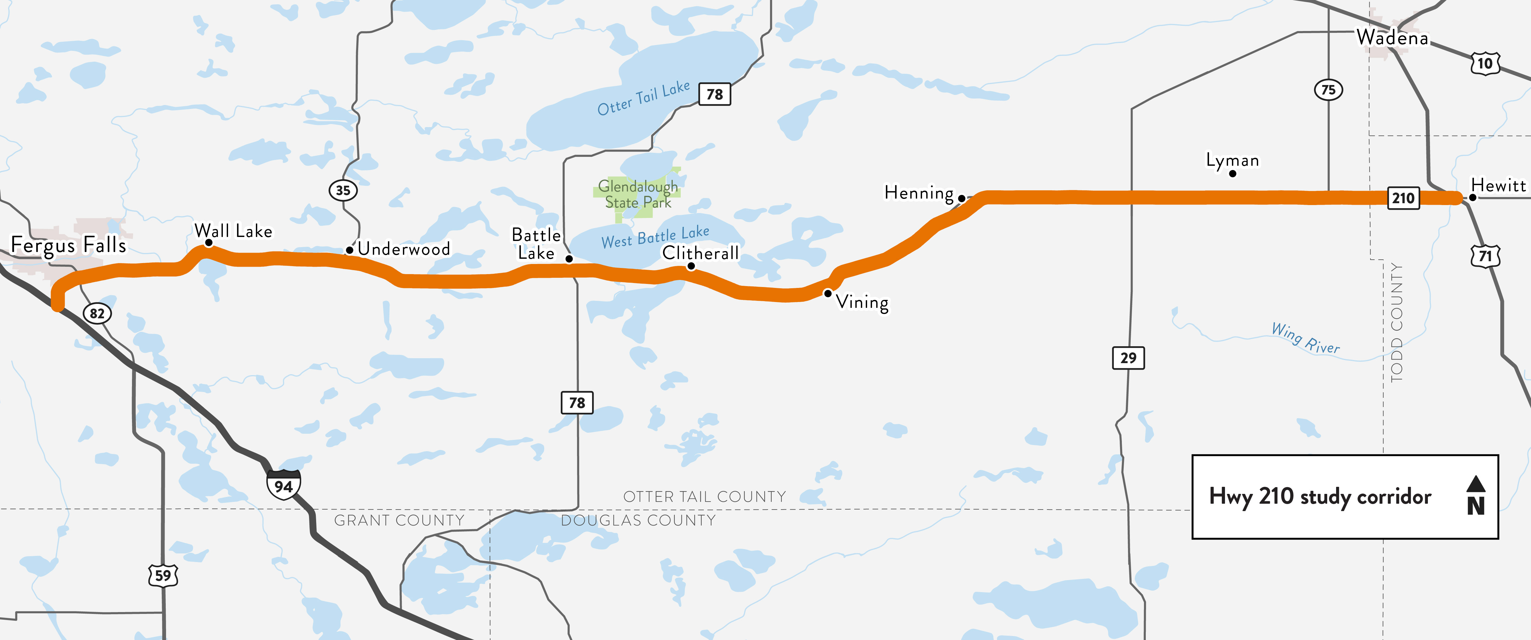 Highway 210 cooridor study map from Fergus Falls to Hewitt.